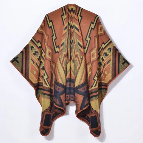 Vintage Damen Poncho mit Geometrischem Jacquard-Muster Ethno-Stil Tribal Strickjacke Warm Herbst Winter Umhang Offene Vorderseite