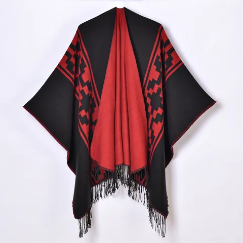 Women's Vintage Geometric Tassel Knit Poncho Shawl Warm Imitation Cashmere Jacquard Open Front Cloak Cape For Winter