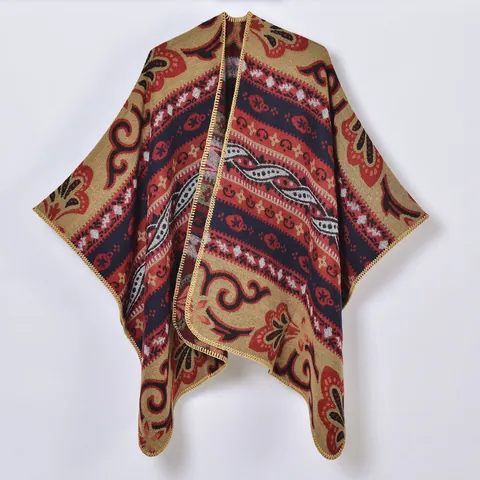 Bohemian Paisley Blumen Jacquard Schal Poncho Für Damen Retro Kaschmir-Imitat Vorne Offener Wickelumhang Für Winterreisen