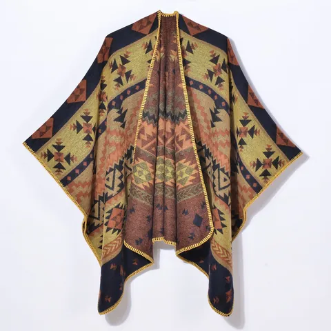 Γυναικείο Vintage Bohemian Γεωμετρικό Jacquard Πλεκτό Πόντσο Σάλι Απομίμηση Κασμίρ Ζακέτα Ανοιχτή Μπροστά Ζεστή Χειμερινή Κάπα