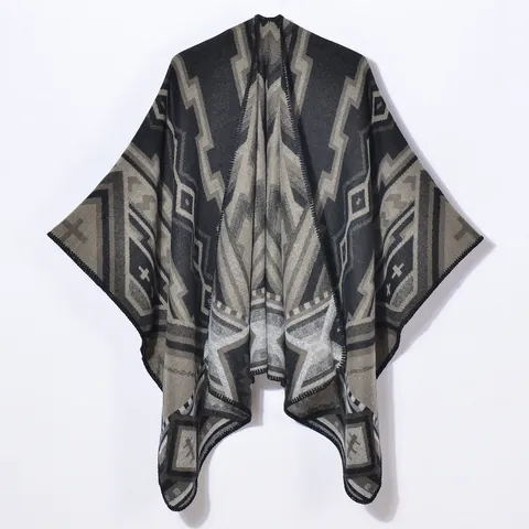 Vintage Damen Poncho mit Geometrischem Jacquard-Muster Ethno-Stil Tribal Strickjacke Warm Herbst Winter Umhang Offene Vorderseite
