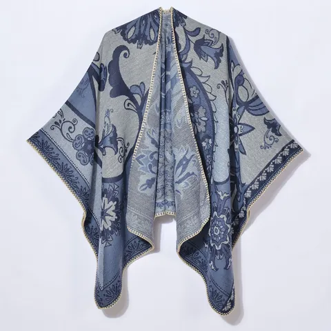 Women Retro Jacquard Split Shawl Bohemian Paisley Floral Faux Cashmere Warm Winter Cloak Open Front Poncho Cape Dating