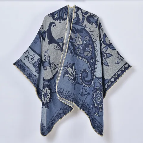 Women Retro Jacquard Split Shawl Bohemian Paisley Floral Faux Cashmere Warm Winter Cloak Open Front Poncho Cape Dating