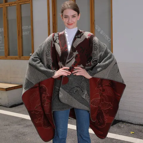 Chal de Punto para Mujer Imitación Cachemira Mezcla de Acrílico y Poliéster Poncho Con Estampado Étnico Floral Pez Koi Cálido Ropa de Abrigo para Viaje