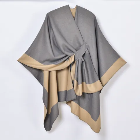 Châle Poncho Femme Imitation Cachemire Bloc de Couleur Cape Ouverte Devant Fendue Cardigan Enveloppant en Tricot Chaud Pour Automne Hiver