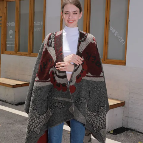 Chal de Punto para Mujer Imitación Cachemira Mezcla de Acrílico y Poliéster Poncho Con Estampado Étnico Floral Pez Koi Cálido Ropa de Abrigo para Viaje