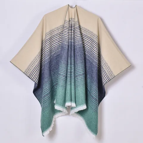 Women's Faux Cashmere Poncho Shawl Gradient Striped Tassel Open Front Wrap Scarf Warm High Quality Elegant Outerwear Cape