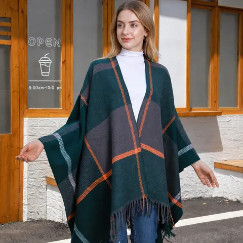 Women Classic Plaid Poncho Shawl Faux Cashmere Thickened Knit Cardigan Cape With Tassels Vintage Winter Warm Wrap