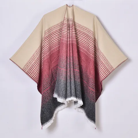 Women's Faux Cashmere Poncho Shawl Gradient Striped Tassel Open Front Wrap Scarf Warm High Quality Elegant Outerwear Cape