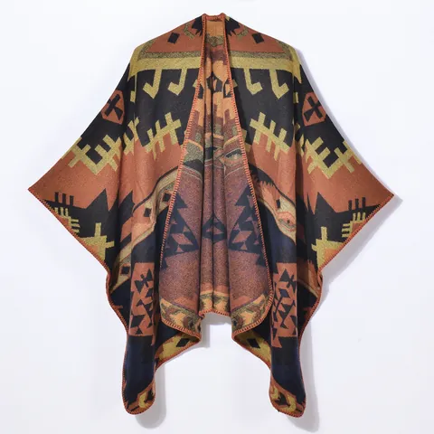 Damen Vintage Geometrisch Tribal Schal Umhang Böhmisch Jacquard Schlitz Vorne Warm Poncho Wickel Offene Strickjacke Kap