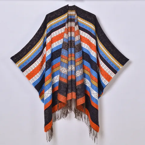 Women Bohemian Ethnic Poncho Shawl With Tassels Geometric Striped Warm Winter Cape For Travel Outdoor