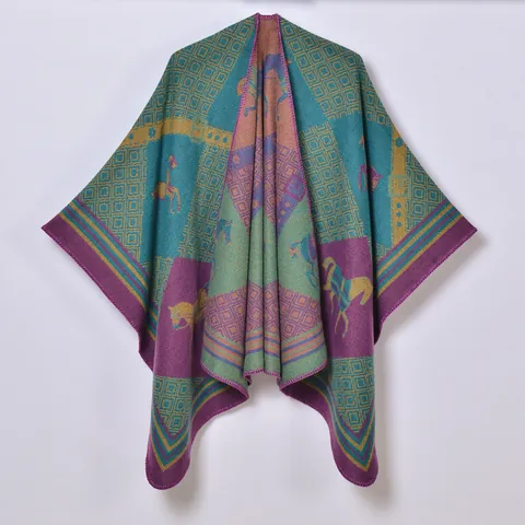 Poncho Scialle Jacquard con Motivo Carro di Cavalli Bohemien Retrò per Donna in Imitazione Cashmere Mantella Invernale