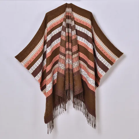 Women Bohemian Ethnic Poncho Shawl With Tassels Geometric Striped Warm Winter Cape For Travel Outdoor