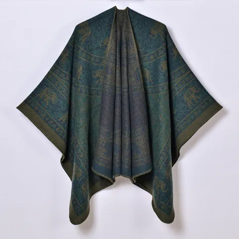 Vintage Ethnic Elephant Pattern Knitted Poncho Shawl For Women Bohemian Jacquard Split Warm Cape Cloak Autumn Tassel Wrap