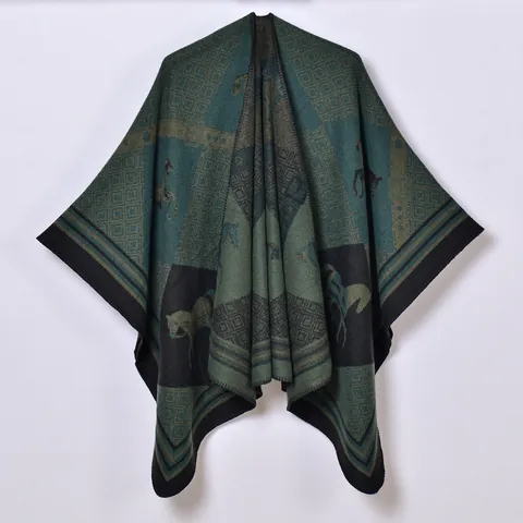 Poncho Scialle Jacquard con Motivo Carro di Cavalli Bohemien Retrò per Donna in Imitazione Cashmere Mantella Invernale