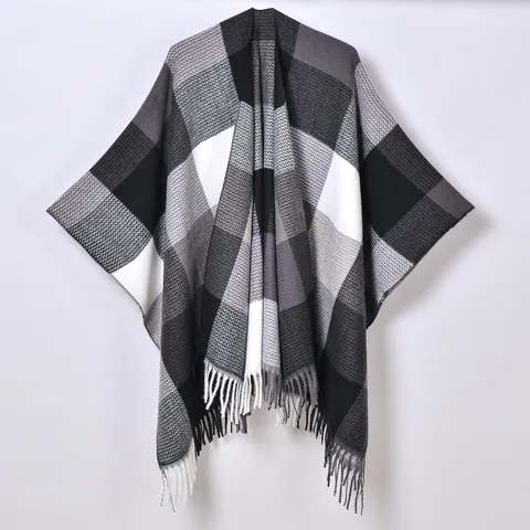Women's Classic Plaid Shawl Wrap Front Split Poncho Cloak Winter Warm Cashmere-Like Tassel Color Block Cape Fashion Outerwear