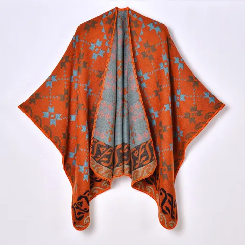 Women's Ethnic Geometric Pattern Knitted Shawl Wrap Split Front Thick Warm Imitation Cashmere Poncho Cape For Autumn Winter