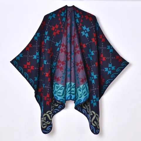 Women's Ethnic Geometric Pattern Knitted Shawl Wrap Split Front Thick Warm Imitation Cashmere Poncho Cape For Autumn Winter