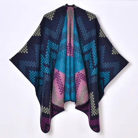 Châle Poncho Bohème Géométrique pour Femmes Cape Jacquard Chaude Épaisse Enveloppement Ouvert Style Ethnique Cardigan Tricot