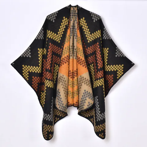 Châle Poncho Bohème Géométrique pour Femmes Cape Jacquard Chaude Épaisse Enveloppement Ouvert Style Ethnique Cardigan Tricot