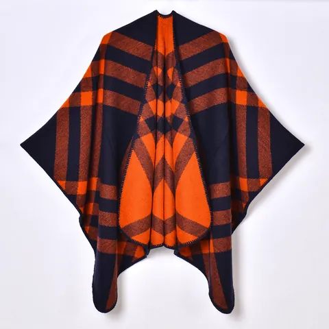Poncho Châle à Carreaux pour Femmes Enveloppement Grille Géométrique Cardigan Ouvert sur le Devant Hiver Chaud Épais Faux Cachemire Cape Écharpe