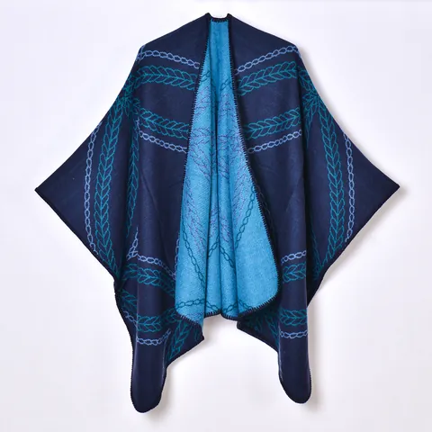 Women's Retro Cashmere-like Shawl Poncho Geometric Jacquard Open Front Split Hem Warm Knit Cape For Autumn Winter