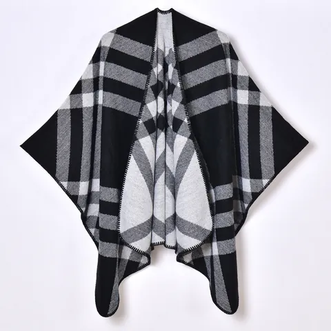 Poncho Châle à Carreaux pour Femmes Enveloppement Grille Géométrique Cardigan Ouvert sur le Devant Hiver Chaud Épais Faux Cachemire Cape Écharpe