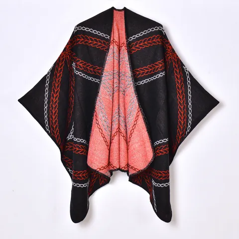 Women's Retro Cashmere-like Shawl Poncho Geometric Jacquard Open Front Split Hem Warm Knit Cape For Autumn Winter
