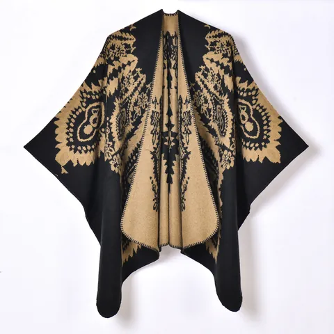 Women Retro Paisley Totem Jacquard Knitted Poncho Cloak Winter Warm Cashmere Like Thick Shawl Wrap Front Split Outerwear