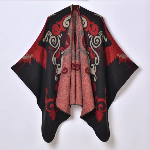 Poncho Scialle Donna in Simil Cachemire Ispessito Totem Etnico Jacquard Mantella Con Nappina Boho Caldo Capispalla Per Fotografia Di Viaggio