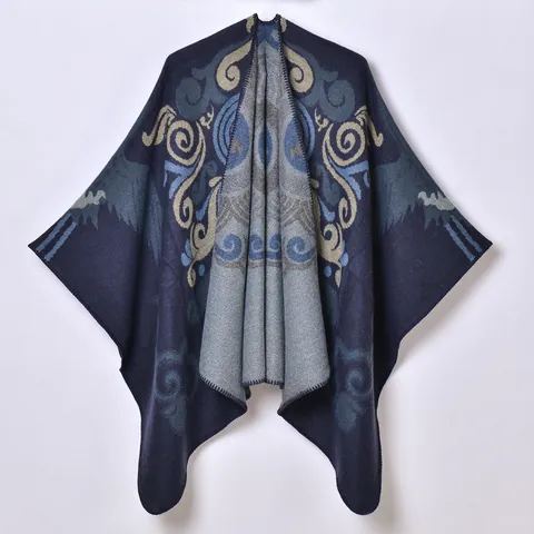 Poncho Scialle Donna in Simil Cachemire Ispessito Totem Etnico Jacquard Mantella Con Nappina Boho Caldo Capispalla Per Fotografia Di Viaggio