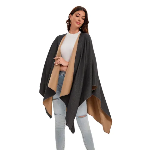 Women Reversible Cloak Shawl 50% Acrylic 50% Polyester Warm Front Slit Oversized Open Front Poncho Wrap Everyday Fashion Gift