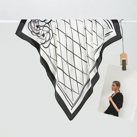 Vintage Camellia Flower Grid Pattern Satin Square Scarf Elegant Black White Neck Scarf For Women Office Party Accessory