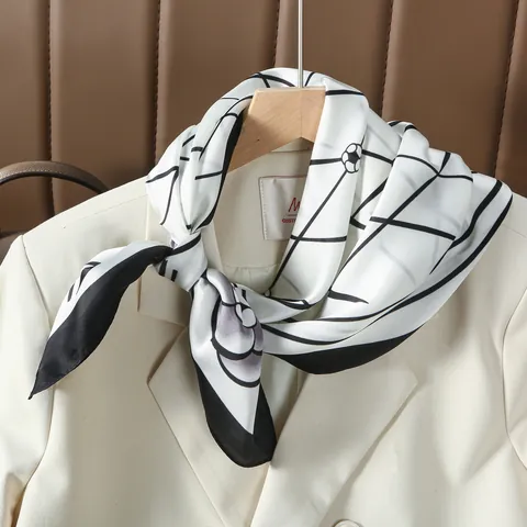 Vintage Camellia Flower Grid Pattern Satin Square Scarf Elegant Black White Neck Scarf For Women Office Party Accessory