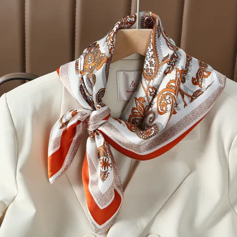 Retro Paisley Pattern Satin Square Scarf For Women Fashionable Commuter Headband Hair Tie Neck Scarf Orange White Wrap