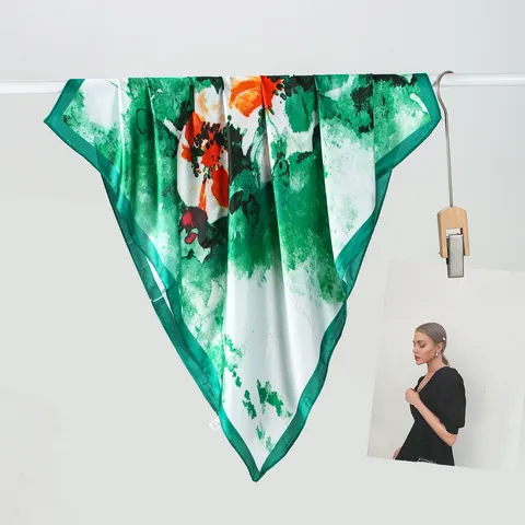 Women Oil Painting Style Satin Square Scarf Elegant Green Leaf Red Flower Pattern Fashion Neck Hair Scarf Bag Accessory