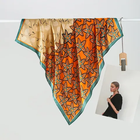 Carré de Soie Satin Mode Femme Motif Floral Feuille Étoile Épissage Imprimé Foulard Élégant Navetteur Bandeau Accessoire de Cheveux