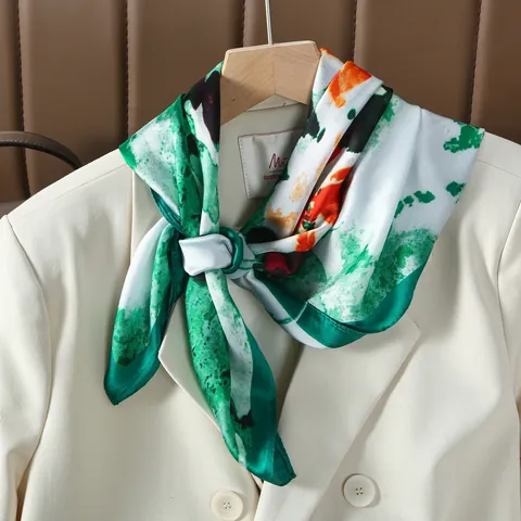 Women Oil Painting Style Satin Square Scarf Elegant Green Leaf Red Flower Pattern Fashion Neck Hair Scarf Bag Accessory