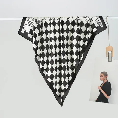Women Fashion Satin Polyester Square Scarf Black White Checkered Artistic Lines Neck Head Hair Wrap Accessory Daily Decor