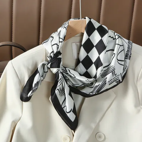 Women Fashion Satin Polyester Square Scarf Black White Checkered Artistic Lines Neck Head Hair Wrap Accessory Daily Decor