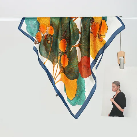 Carré de Soie Satiné Imprimé Fleuri Feuille de Ginkgo Vintage Bordure Contrastée Élégante Accessoires de Mode Pour Femmes