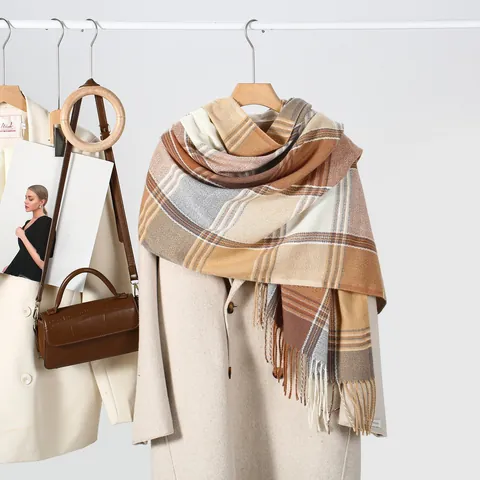 Fashion Plaid Scarf For Women Autumn Winter Warm Imitation Cashmere Polyester Scarf With Tassels Soft Large Check Shawl Wrap