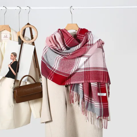 Fashion Plaid Scarf For Women Autumn Winter Warm Imitation Cashmere Polyester Scarf With Tassels Soft Large Check Shawl Wrap