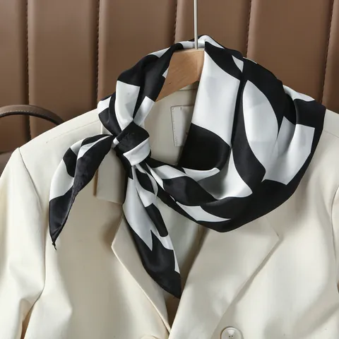 French Vintage Camellia Print Satin Square Scarf For Women Black White Contrast Elegant Fashion Hair Neck Wrap Accessories