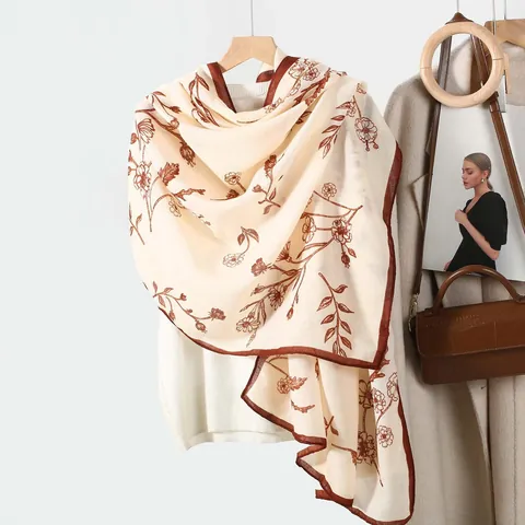 Women Elegant Floral Leaf Print Long Scarf Polyester Thin Shawl Sun Protection Scarf Retro French Style Wrap Neck Scarf