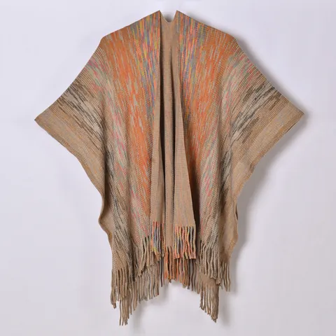 Poncho de Punto Color Block Bohemio para Mujer Con Borlas Chal de Imitación de Cachemira Abierto Por Delante Envoltura de Invierno Cálida