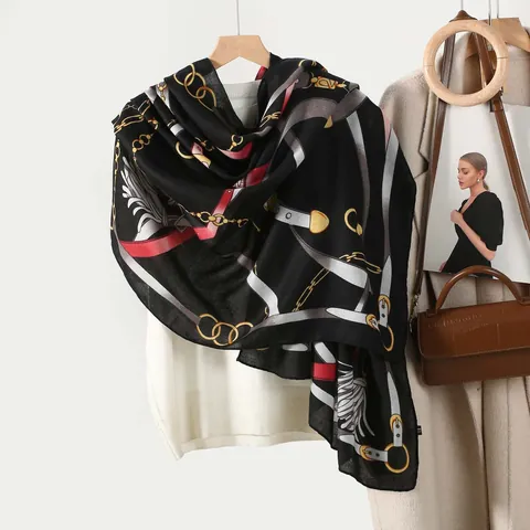 Women Vintage Chain Buckle Print Scarf Large Satin Polyester Shawl Wrap Equestrian Pattern Fashion Accessories For Daily