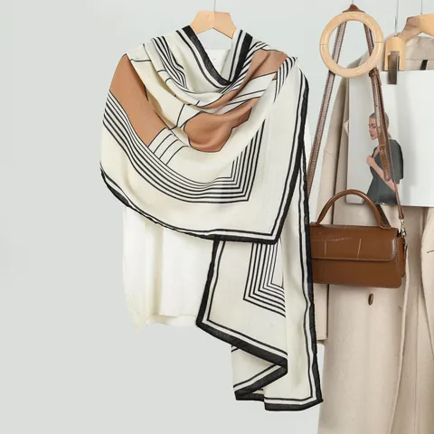 Écharpe Longue Élégante pour Femmes avec Motif Géométrique Châle en Polyester Satiné Doux et Léger Pashmina pour Bureau Quotidien Décontracté