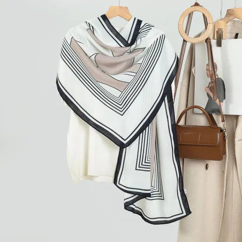 Écharpe Longue Élégante pour Femmes avec Motif Géométrique Châle en Polyester Satiné Doux et Léger Pashmina pour Bureau Quotidien Décontracté