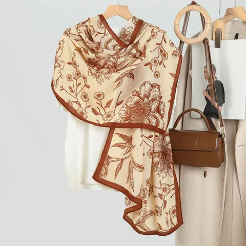 Women Elegant Floral Print Scarf Long Shawl Polyester Peony Pattern Korean Style Artistic Thin Wraps For Daily Party Travel